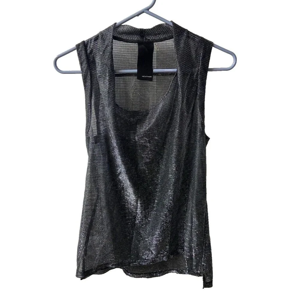 Heather Metallic Tank Womens Small Medium Silver Black Sleeveless Semi Sheer